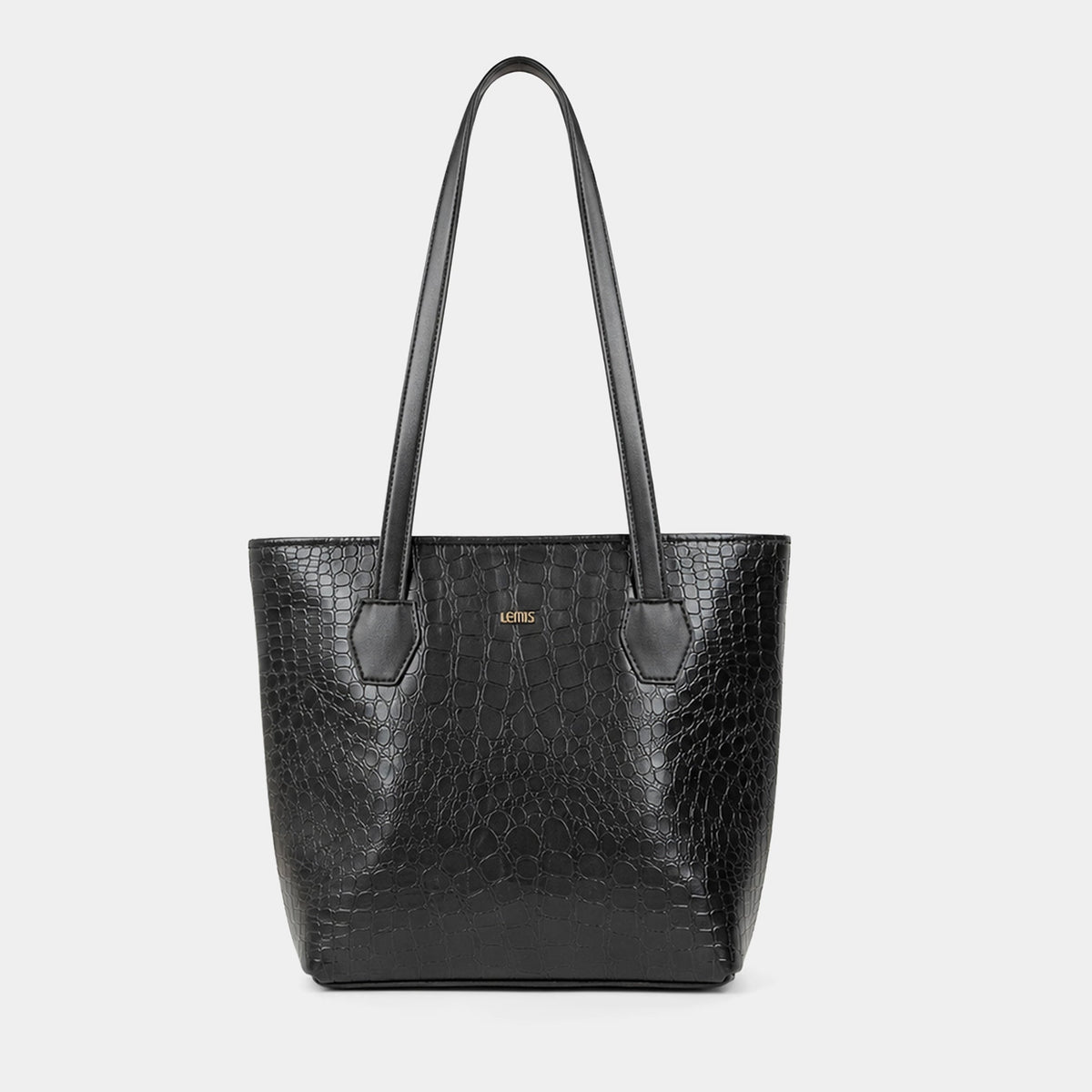A black crocodile-embossed leather tote bag with dual shoulder straps and a small gold-tone logo plaque on the front, set against a solid light gray background.